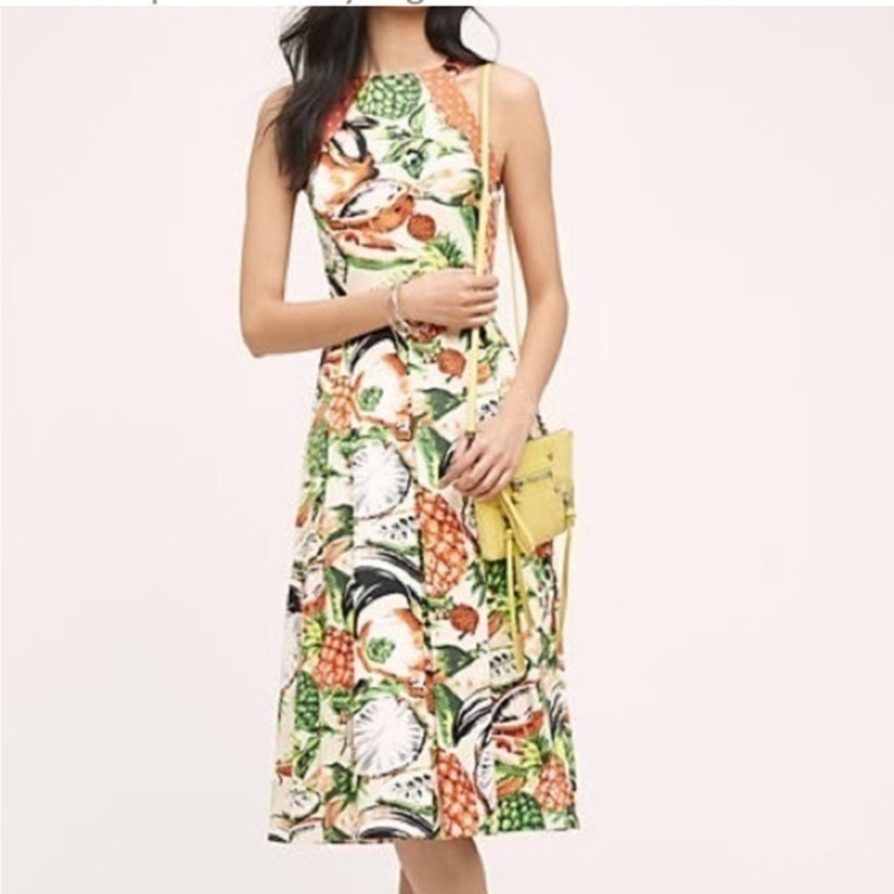 Anthropology Eva Franco Mandy pineapple and leaves  print open back dress